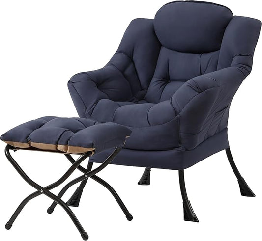 Tiita Lazy Chair with Ottoman, Modern Large Accent Lounge Armchair, Comfy Leisure Sofa Reading Chair with Footrest for Bedroom, Living Room, Dorm Rooms, Garden and Courtyard, Navy