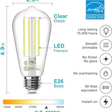 TJOY 50 Pack Vintage Edison LED Light Bulbs, Dimmable, 60W Equivalent, E26 Medium Base, 5000K Daylight, ST58, 8W, 800LM, Ultra-Bright, 80+CRI, Antique Decorative Filament, Clear Glass