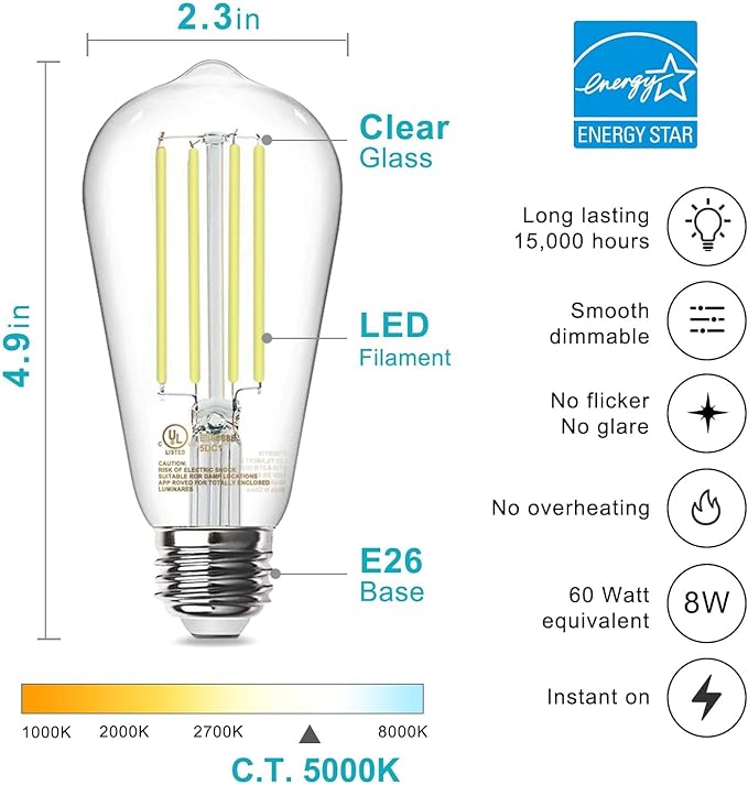 TJOY 100 Pack Vintage Edison LED Light Bulbs, Dimmable, 60W Equivalent, E26 Medium Base, 5000K Daylight, ST58, 8W, 800LM, Ultra-Bright, 80+CRI, Antique Decorative Filament, Clear Glass