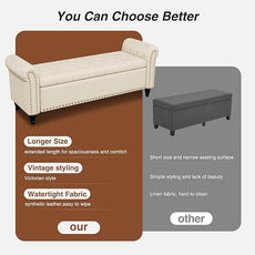 Bedroom Bench, End of Bed Bench with Storage, 55-Inch Bed Benches for Foot of Bed, Faux Leather Window Bench, Upholstered Storage Bench with Tufted Button and Nailhead Trim, Rolled Arms, Cream White