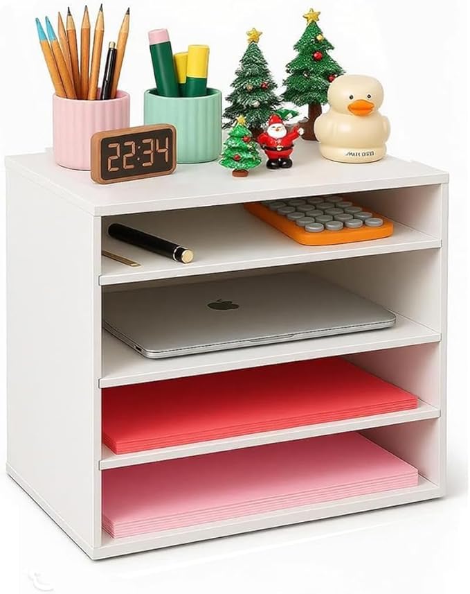 EMERIT 4-Tier Adjustable Paper Organizer, Large Capacity Desktop Organzier for Textbooks/Magazines/Office Files, Wooden Dividers, 7 lbs per Shelf, White
