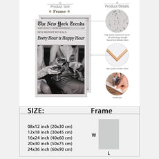 Retro New York Trends Wall Art Black and White Newspaper Poster Every Hour Is Happy Hour Canvas Prints Funky Feminist Posters Trendy Alcohol Wall Decor for Bar Cart Hot Girl Dorm Room Decorative 24x36inch Framed