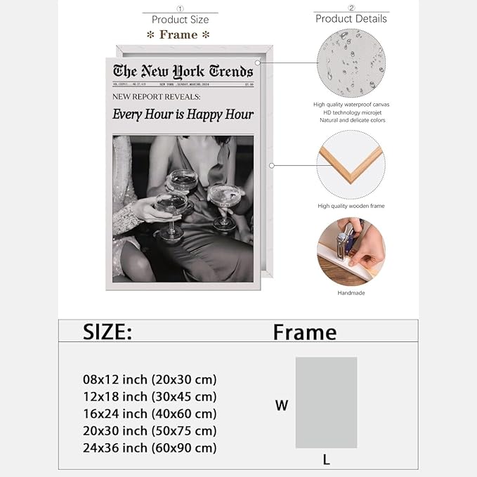 Retro New York Trends Wall Art Black and White Newspaper Poster Every Hour Is Happy Hour Canvas Prints Funky Feminist Posters Trendy Alcohol Wall Decor for Bar Cart Hot Girl Dorm Room Decorative 24x36inch Framed