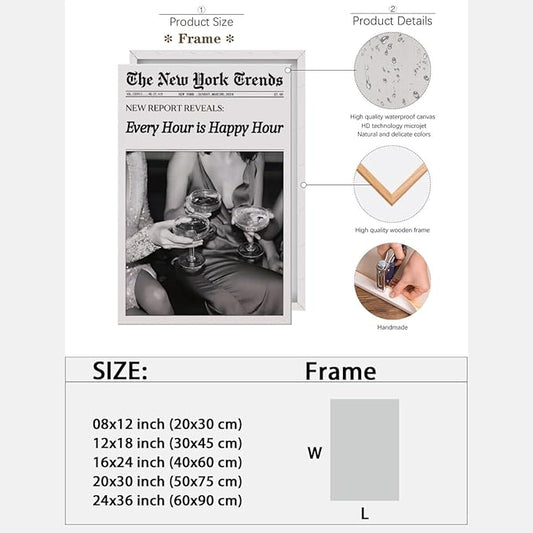 Retro New York Trends Wall Art Black and White Newspaper Poster Every Hour Is Happy Hour Canvas Prints Funky Feminist Posters Trendy Alcohol Wall Decor for Bar Cart Hot Girl Dorm Room Decorative 24x36inch Framed