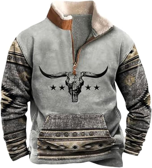 Western Sweatshirts for Men Aztec Cowboy Vintage Graphic Fleece Hoodie Mens Quarter Zip Pullover Country Jacket