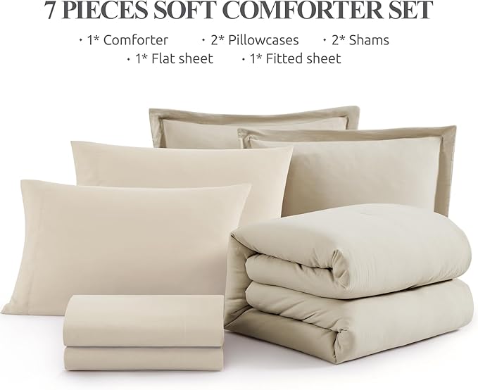 WRENSONGE Oversized Queen Comforter Set - 7 Pieces Light Oatmeal Bed in a Bag Queen with Sheets, 2 Pillow Shams, and 2 Pillowcases- Warm Bedding Sets Queen for All Season