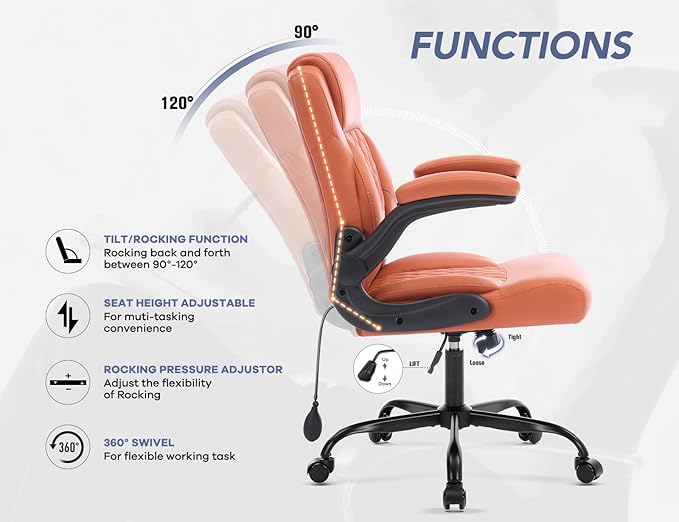Office Chair with Adjustable Inflatable Lumbar Support,Leather Ergonomic Computer Desk Chair with Flip-up Arms,Adjustable Tilt Lock,Swivel Rolling Executive PC Chair for Work,Study,Meeting.Brown