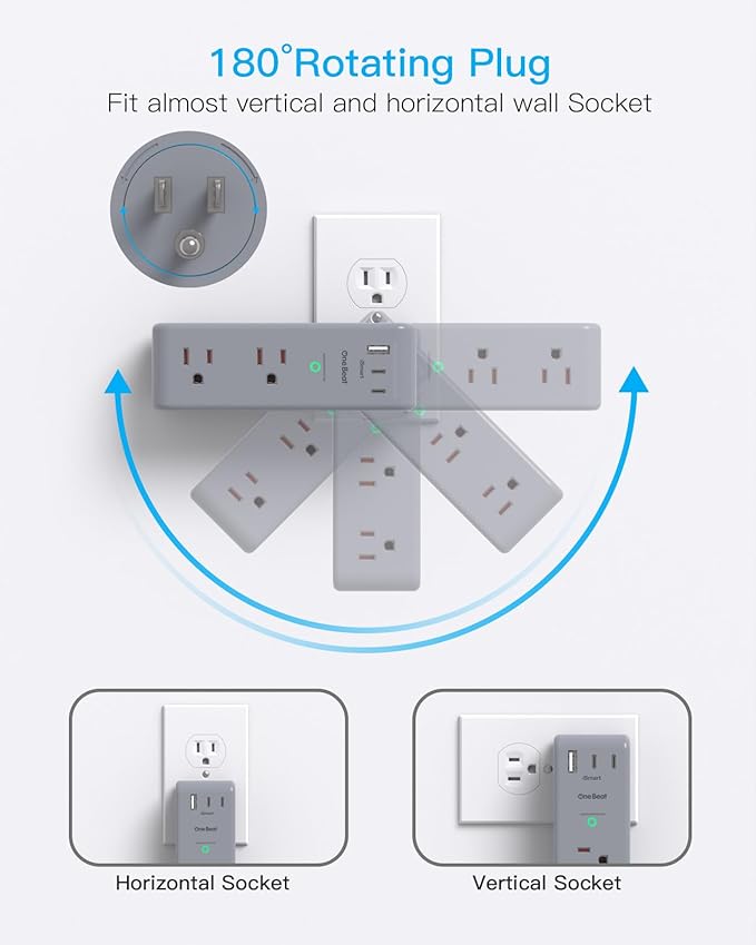 Surge Protector Outlet Extender with Rotating Plug, 6 AC Multi Plug Outlet with 3 USB Ports (2 USB C), 1800 Joules, 3-Sided Swivel Power Strip with Spaced Outlet Splitter for Home, Office, Dorm, Grey