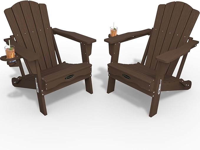 Adirondack Chair Set of 2, Folding All-Weather Outdoor HDPE Patio Chair with Cup Holder, Brown