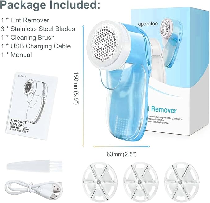 Fabric Shaver, Lint Remover for Clothes, Electric Lint Remover with 6 Replaceable Blades, Removes Fabric Pills, Rechargeable Sweater Defuzzer Pill Remover, Depiller Effectively Remove Pills, Lint