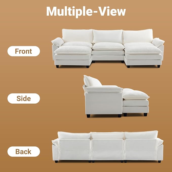 VINGLI 122" Cloud White/Cream Convertible Sectional Sofa, Comfy U-Shape Extra Deep Seat Sofa Couch for Living Room,Modern Chenille 3-Seat Convertible Sofa with 2 Movable Ottomans for Small Space