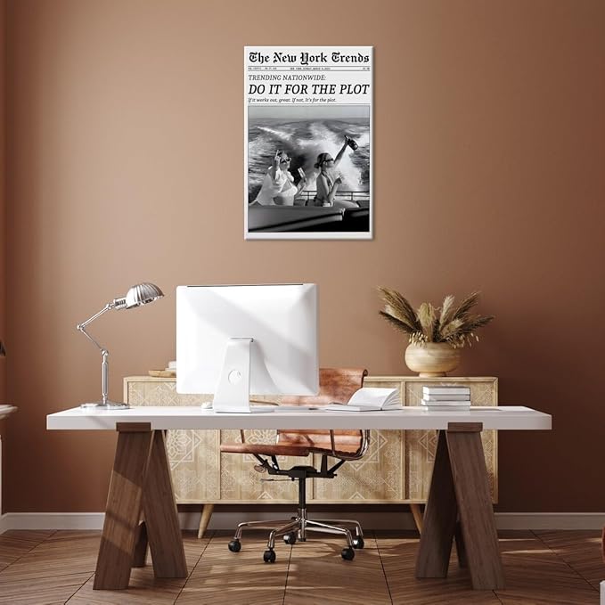 Retro New York Trends Wall Art Black and White Newspaper Poster Do It for The Plot Canvas Prints Funky Feminist Posters Trendy College Wall Decor for Bar Cart Hot Girl Dorm Room Decorative 24x36inch Framed
