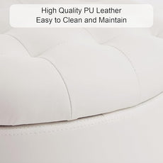 Furniliving Upholstered Button Tufted Round Ottoman, PU Storage Ottoman Round, Removable Lid Convenient Footstools, Classic Ottoman with Storage for Vanity, Nursery Room，IvoryWhite