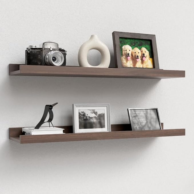 23.6 Inch Long Floating Shelves - 2 Set Farmhouse Wall Shelf for Bedroom, Nursery Book Shelf with Lip, Picture Ledge Shelf for Wall Decor Living Room Bathroom Kitchen - Walnut