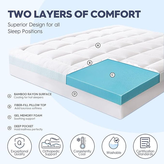 ELEMUSE Twin Dual Layer 3 Inch Memory Foam Mattress Topper for Pressure Relief, Breathable Pillow Top Mattress Pad with Deep Pocket, Enhanced Support, Non-Slip Design & Removable & Washable