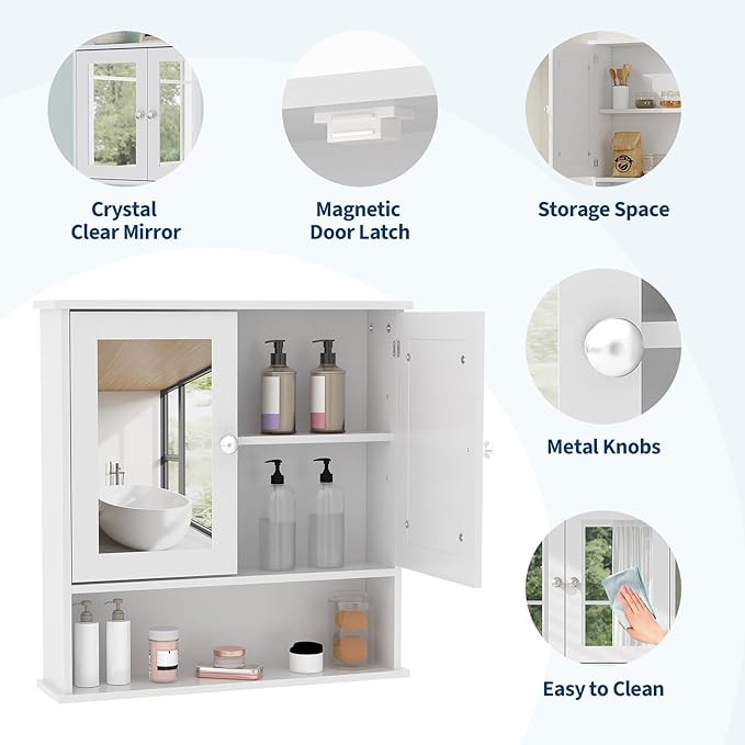 22.2 Inch Mirrored Medicine Cabinet for Bathroom, Over Toilet Wall-Mounted Storage Cabinet with Adjustable Shelf, Waterproof MDF Cabinet for Bathroom Organization