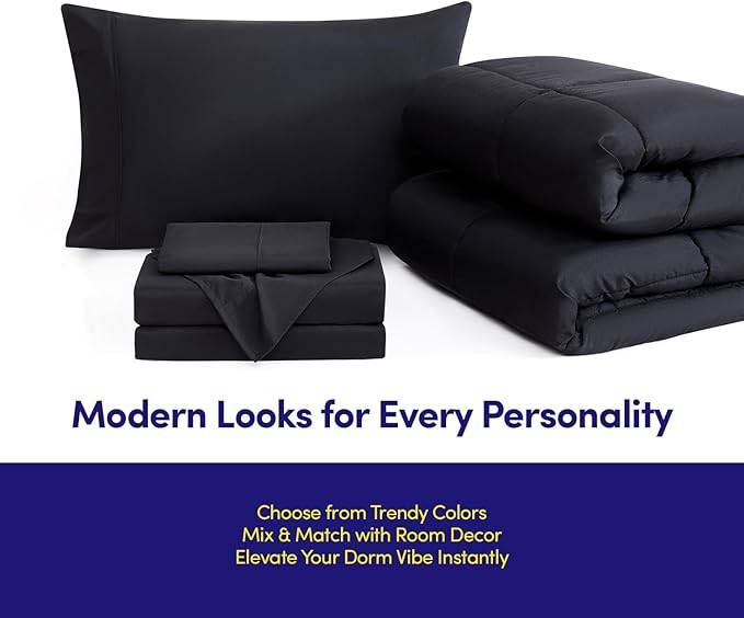 Dorm Room Essentials College Bedding Comforter Set 5 Piece Twin Size Bed in a Bag for College Students Boys and Girls, Twin, Black