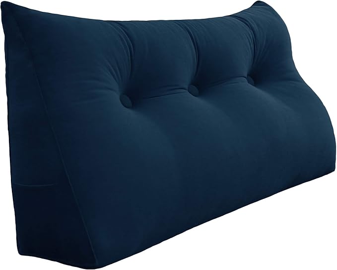 Johnear Wedge Headboard Large Bolster Pillow Reading Pillows for Sitting in Bed Adult， Velvet Triangular Cushion Backrest Lumbar Back Support Upholstered Daybed Sit Up Book Pillows（Darkblue, Twin）