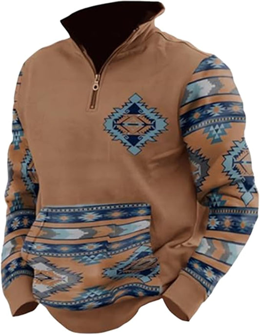 Western Sweatshirts for Men Aztec Cowboy Vintage Graphic Fleece Hoodie Mens Quarter Zip Pullover Country Jacket
