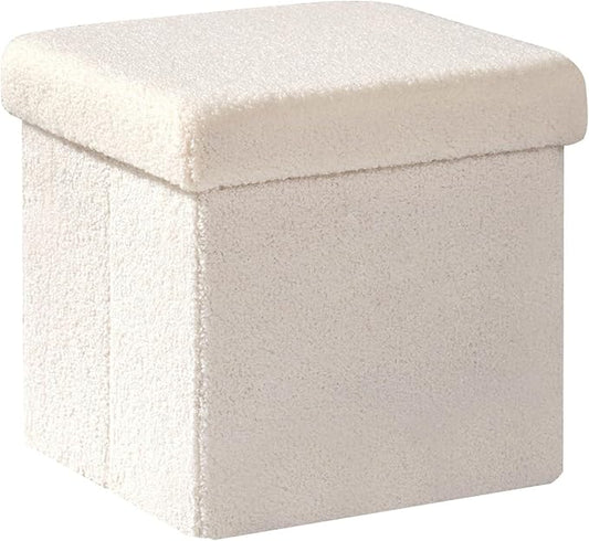 PINPLUS Storage Ottoman Cube Square Shaped Ottomans with Storage Foot Stool Footrest for Lving Room Boucle Ottoman Seat for Dorm Room,Faux Teddy Fur White,12.6"x12.6"x12.6"