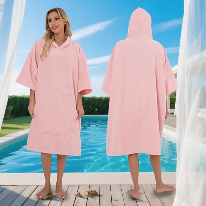 Surf Poncho Hooded Beach Towel, Quick Dry Terry Cloth, Extra Large Changing Robe with Pockets for Adults, Unisex Skin Pink Cover-Up for Swim, Bath, Beach, Gift for Swimmer Lovers