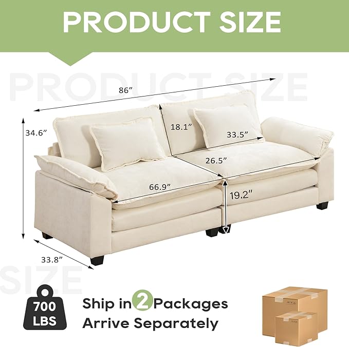 86" Modular Sectional Sofa, Comfy Cloud Couch Sectional Sofa, Chenille Sofa Sleeper Deep Seat Sofa with Throw Pillows for Living Room (Beige White, 86"- Loveseat)