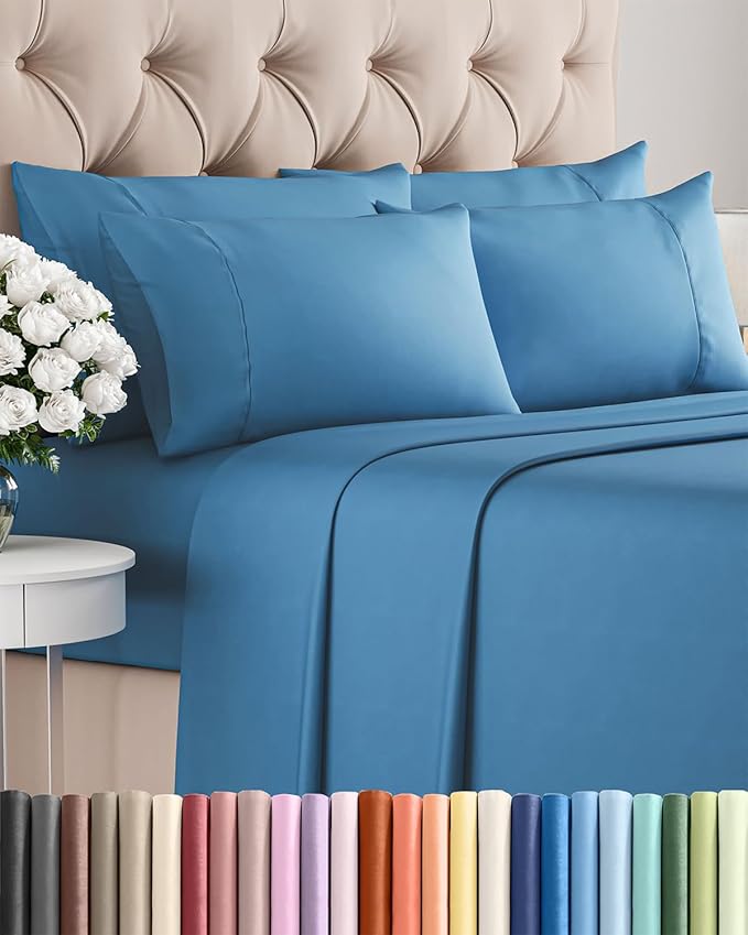 Queen 6 Piece Sheet Set - Cooling & Breathable Bed Sheets - Hotel Luxury Bed Sheets for Women, Men, Kids & Teens - Bedding w/Deep Pockets & Easy Fit - Soft & Wrinkle Free - Queen Denim Blue Sheets