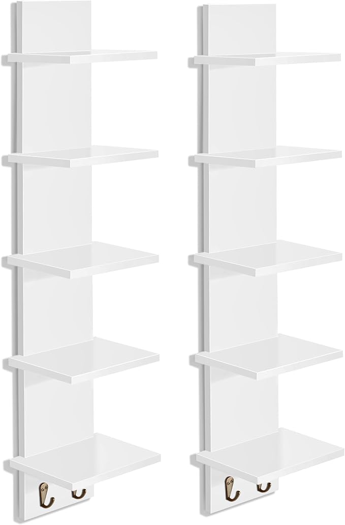 Sorbus 5 Tier Wall Shelf Unit with Hooks, Vertical Column Utility Shelving for Home Decor and Storage Organizer, Wall-Mounted Floating Shelves for Bathroom Storage, Bedroom (2 Pack)