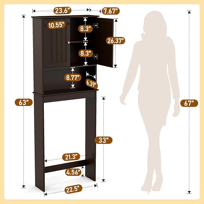 Over The Toilet Storage Cabinet, Behind Toilet Bathroom Organizer with Adjustable Shelves, Above Toilet Organizers with Barn Door, Space Saver for Restroom, Bathroom, Laundry