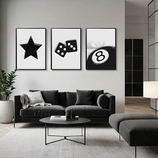Black And White Dice Canvas Wall Art Set Of 3,Funky Retro Y2k 8 Ball Wall Decor Paintings, Funky Lucky Preppy Posters Prints Pictures For Game Room Apartment Dorm Teenager Room 16x24in Framed