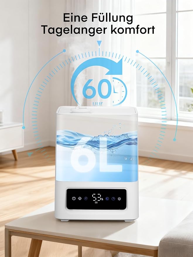 FOHERE 6L Humidifiers for Bedroom, 60H Cool Mist Humidifier for Large Room, 28dB Ultra-Quiet Runtime for Baby, Indoor, Plants, Smart Humidity Sensor, 16H Timer, Night Light, Oil Diffuser, White