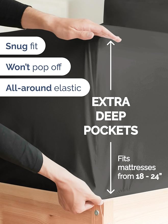 Extra Deep Pocket Split King Sheets - 5 Piece Breathable & Cooling Bed Sheets - Hotel Luxury Sheet Set - Soft, Wrinkle Free & Comfy - Easily Fits Extra Deep Mattresses - Deep Pocket Charcoal Sheets