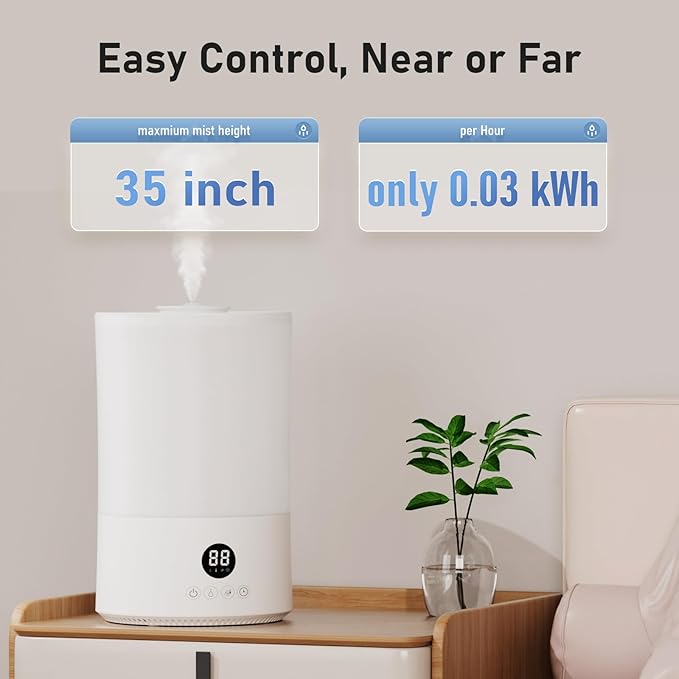 Humidifiers for Bedroom, 1.1Gal Top Fill Humidifier for Large Room, 250ml/h Cool Mist Output Humidificador, 24dB Quiet Air Humificador with Remote, Easy to Fill & Clean, fit Indoor Plants (White)