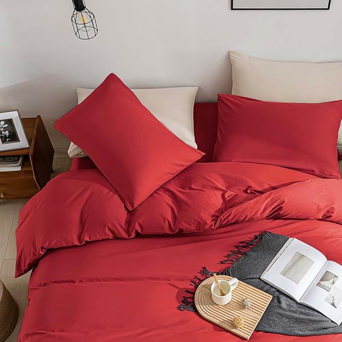 JELLYMONI Red Duvet Cover Queen Size - 100% Washed Cotton Linen Like Textured Comforter Cover, 3 Pieces Breathable Soft Bedding Set with Zipper Closure (Red, Queen 90"x90")