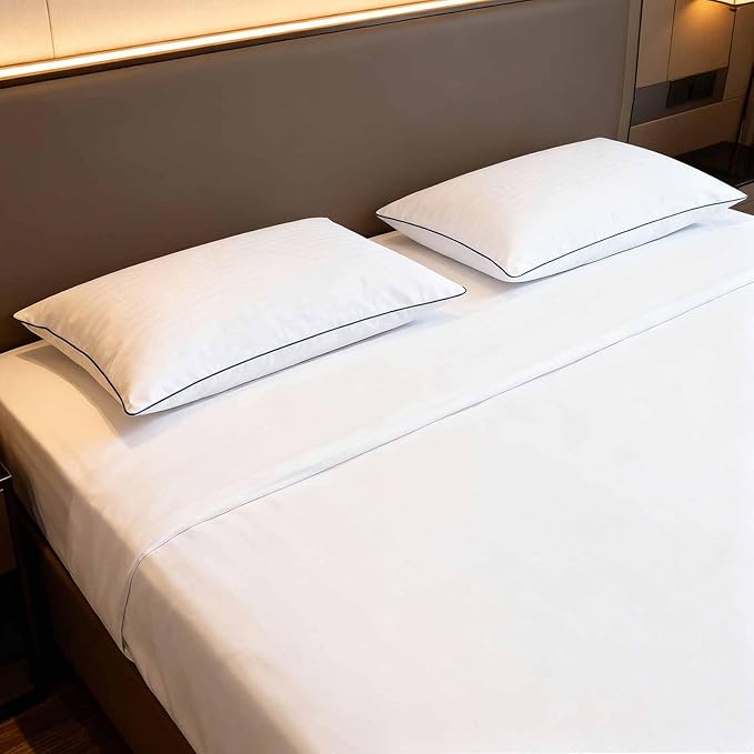 Thin Flat Bed Pillows King Size Set of 2 Pack for Sleeping, Squishy Fluffy Pillow for Stomach Back Sleeper, Hypoallergenic Machine Washable White Striped 20x36 inches