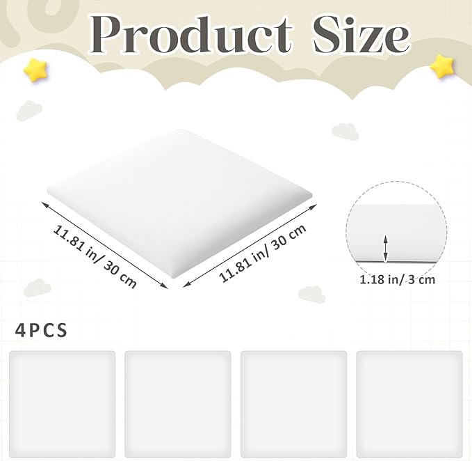4 Pack Wall Padding for Playroom Peel and Stick Headboard 11.81" x 11.81" x 1.18" 3D Anti Collision Upholstered Wall Panels Self Adhesive Headboard Panel for Protection (White)
