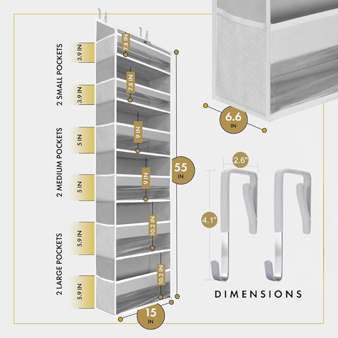 HOMELUX THEORY UPGRADED Over The Door Organizer Hanging - 100D EXTRA THICK & 50lbs HUGE CAPACITY 6 Large Front & 12 Side Pockets, Over The Door Shoe Organizer, Hanging Closet Organizer (LightGray 1pc)