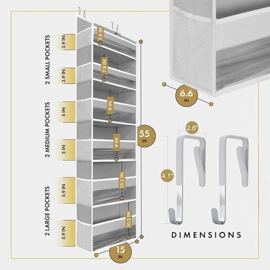 HOMELUX THEORY UPGRADED Over The Door Organizer Hanging - 100D EXTRA THICK & 50lbs HUGE CAPACITY 6 Large Front & 12 Side Pockets, Over The Door Shoe Organizer, Hanging Closet Organizer (LightGray 1pc)