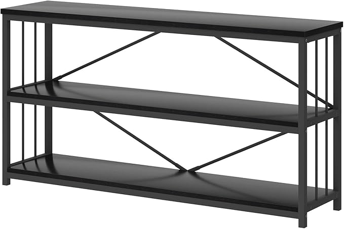 HSH Black Long Bookshelf, Large Wood Wide Horizontal Bookcase Under Window, Modern Long Open Book Shelf for Bedroom Living Room, Industrial Wooden Metal Bookshelves for Home Office, Black Oak, 63 Inch