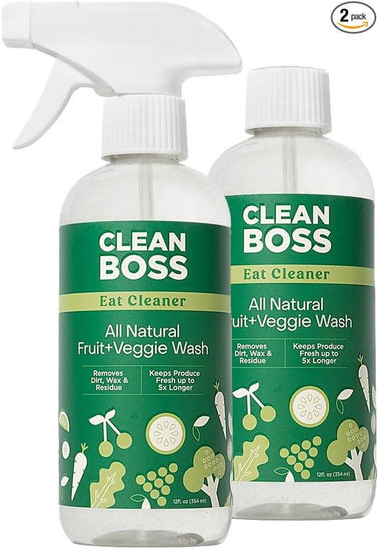 CleanBoss Eat Cleaner Triple-Action Fruit + Veggie Wash - 12 oz, Removes Harmful Residue - Keeps Produce Fresh Up to 5X Longer - Includes One Trigger - Vegan, Gluten Free - Improved Nozzle (2, 12 oz)