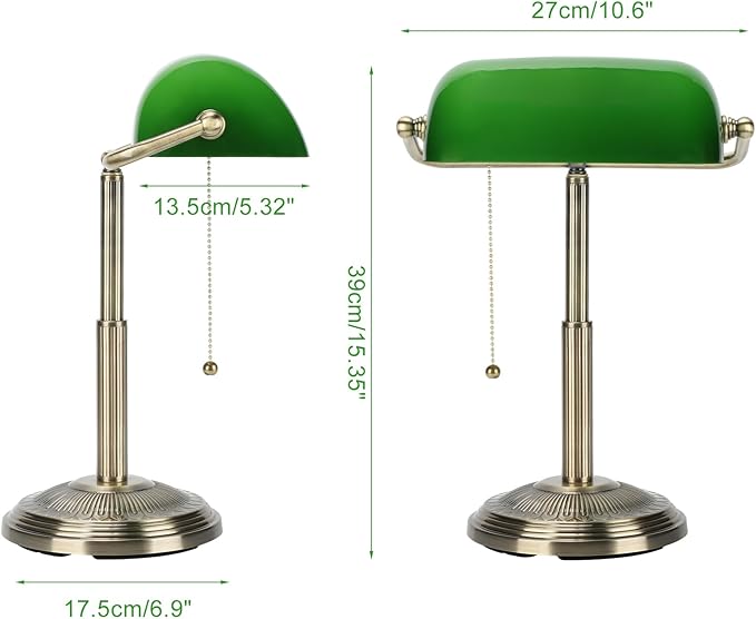 LINNMON Bankers Desk Lamp, Green Retro Lamp, Vintage Lamp with Pull Chain Switch for Home Office (Brass+Green)
