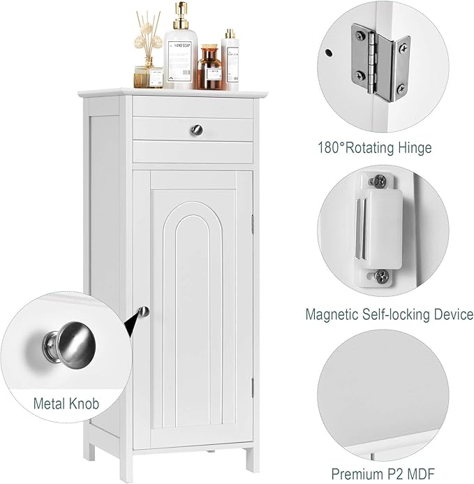 Tangkula Bathroom Floor Cabinet, Wooden Side Storage Organizer, Free-Standing Single Door Floor Storage Cabinet with Large Drawer & 2 Adjustable Shelves for Living Room Kitchen (White)