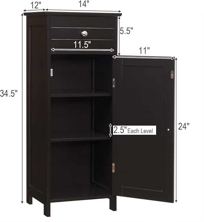 Tangkula Bathroom Floor Cabinet, Wooden Side Storage Cabinet, Freestanding Single Door Bathroom Cabinet with Large Drawer & 2 Adjustable Shelves for Living Room Kitchen (Brown)