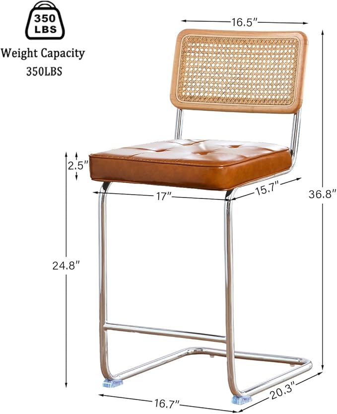 Natural Rattan Bar Stools Set of 2 with Solid Wood Back, 24 Inch Mid Century Modern Counter Height Stools, Brown Faux Leather Upholstery Boho Stool for Kitchen Counter with Chrome Metal Legs