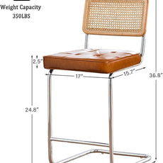 Natural Rattan Bar Stools Set of 2 with Solid Wood Back, 24 Inch Mid Century Modern Counter Height Stools, Brown Faux Leather Upholstery Boho Stool for Kitchen Counter with Chrome Metal Legs