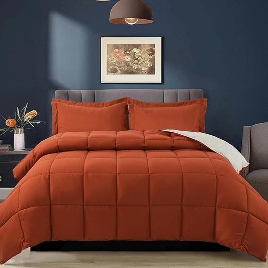 HIG 3pc Burnt Orange King Size Comforter Set - All Season Reversible Down Alternative Comforter with Sham - Quilted Duvet Insert with Corner Tabs - Box Stitched - Breathable, Soft, Fluffy