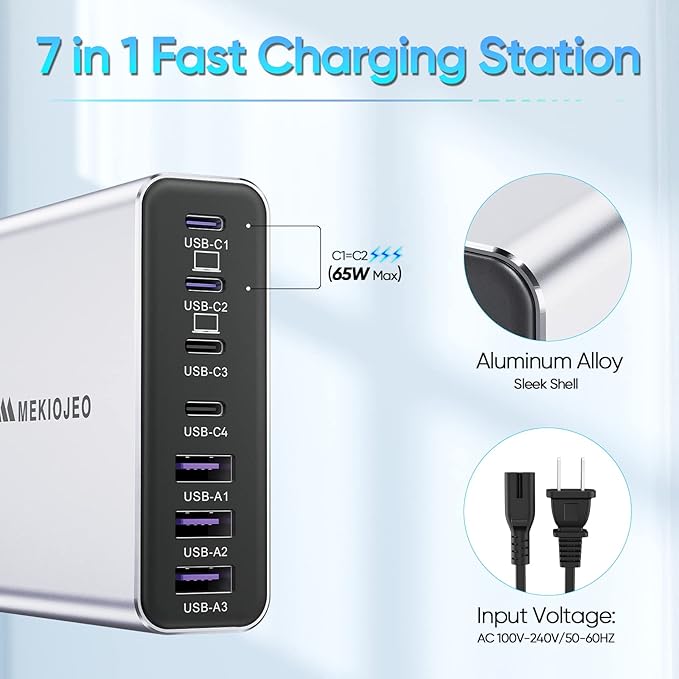 Aluminum Alloy USB C Charger 7 Port Fast Charging Station,65W USB C Laptop Charger Compatible with MacBook Pro/Air (Silver-4C3A)