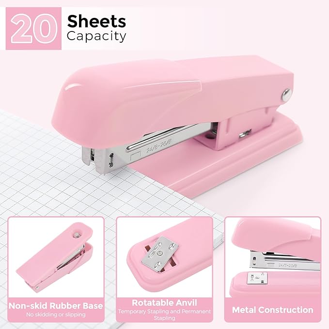 SKYDUE Pink Office Supplies Set, Pencil Holder for Desk,Gel Pen, Stapler, Tape Dispenser, Scissors,Clips and 1000pcs Staples, Office Decor for Women, Pink Desk Accessories