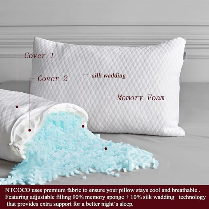 NTCOCO Shredded Memory Foam Bed Pillows for Sleeping Queen Size of 1, with Washable Removable Hypoallergenic Sleep Pillow for Back and Side Sleeper
