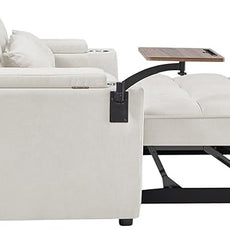 65'' Convertible Sleeper Sofa Bed with Pull-Out Design, 3-in-1 Modern Chenille Fabric Couch with 360° Swivel Side Table, Queen Size, Easy Assembly, for Living Room, White